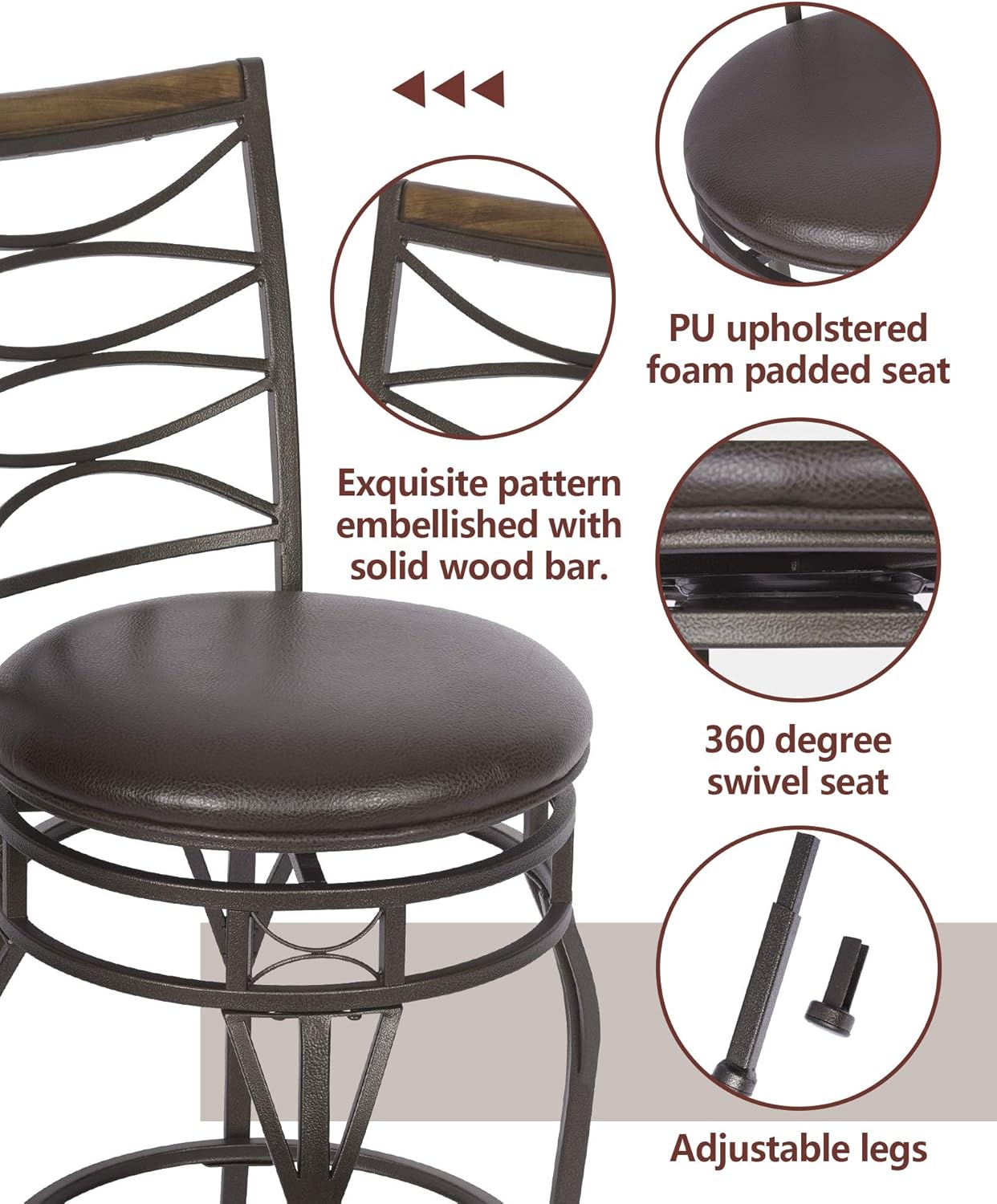 KATDANS Juego de 2 taburetes de bar giratorios de 2429 pulgadas, altura de asiento ajustable con respaldo, taburetes de isla de cocina de piel