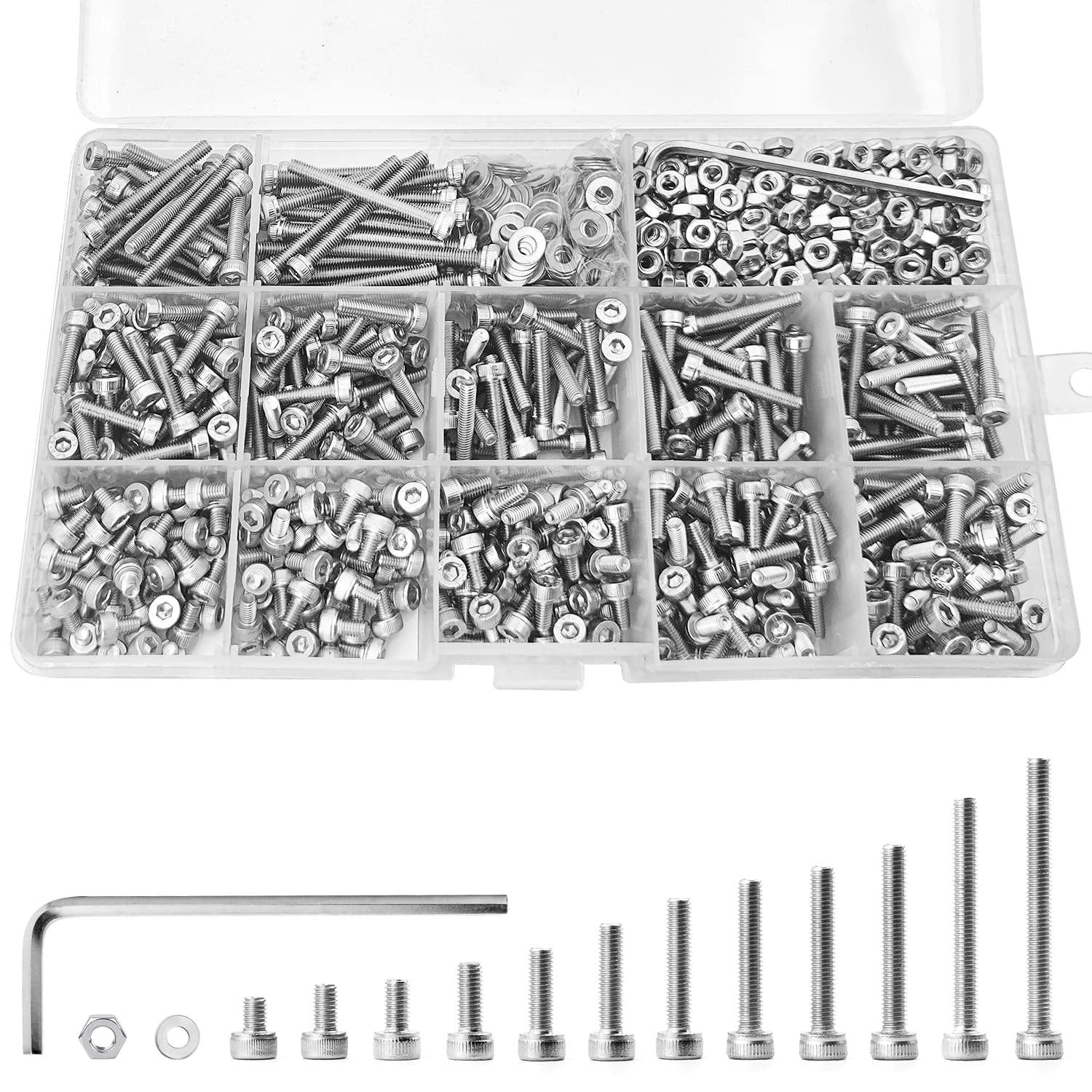 Juego de 1310 tornillos de cabeza hexagonal M3 x 4568101214161820251.181 in, tornillos y tuercas planas, arandelas planas, acero inoxidable 304,
