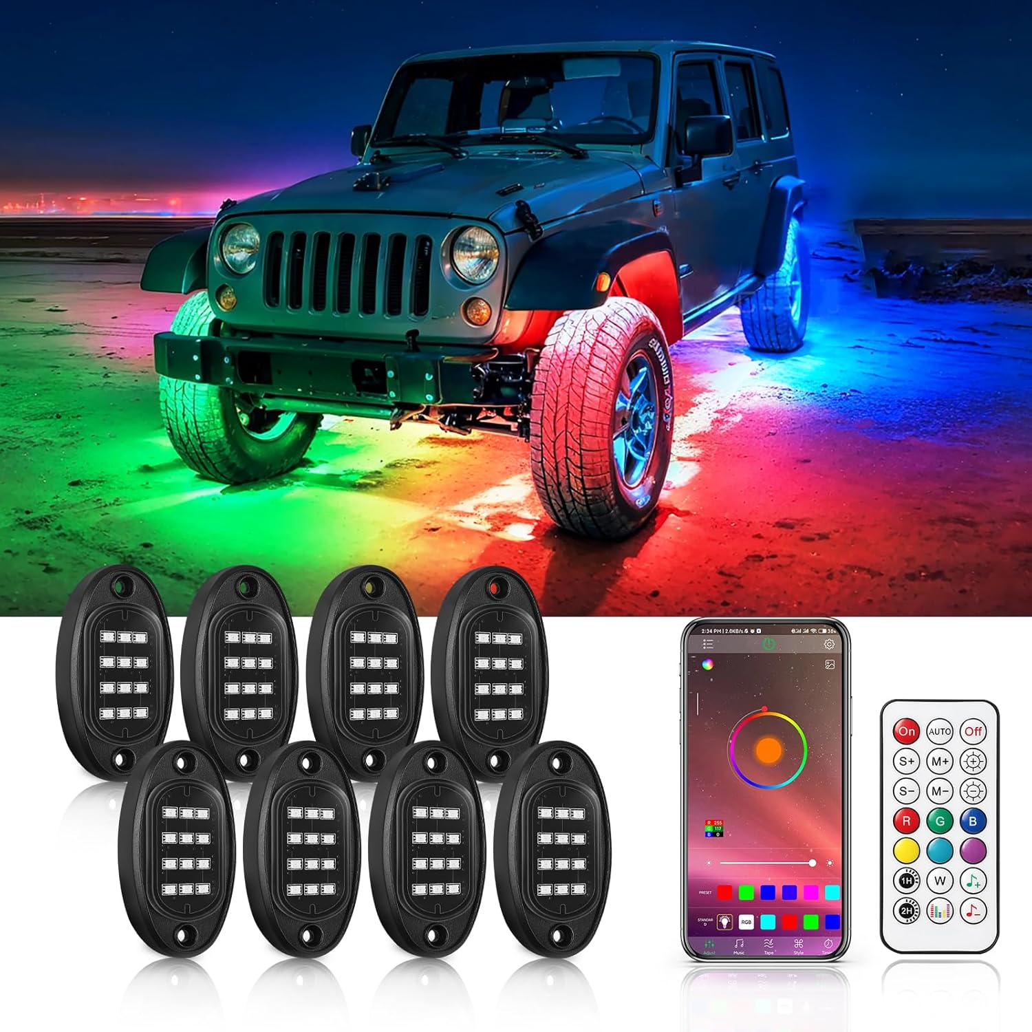 ZONECONA 8Pods Dream Color RGB+IC LED Rock Lights, luces subterráneas con control remoto APPRF efecto de persecución, luces de pozo de rueda