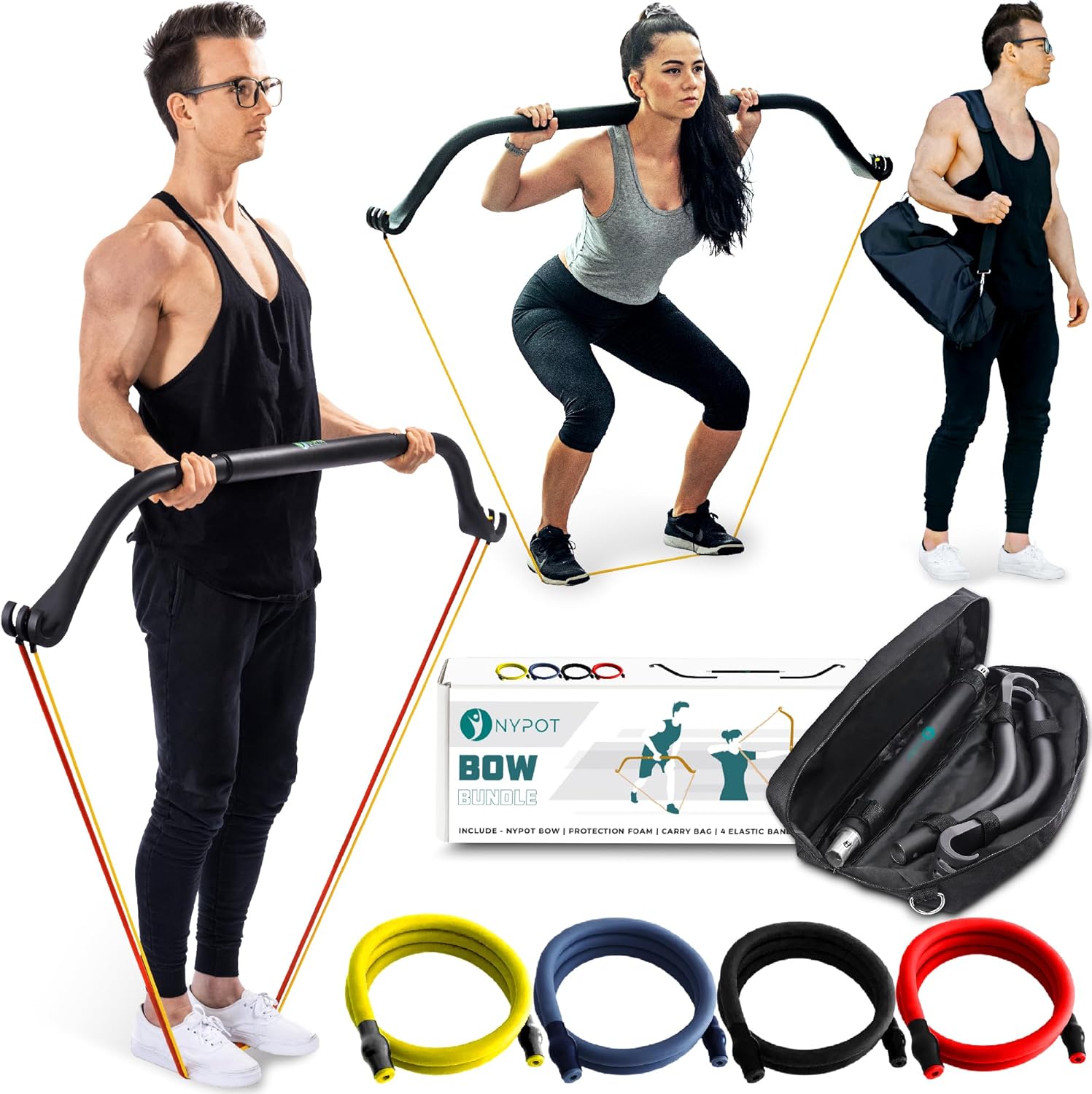 NYPOT- Workout Bow & Portable Home Gym Equipment – Resistance Bands with Bar for Home Workout Equipment Men & Women All in One Gym for Strength