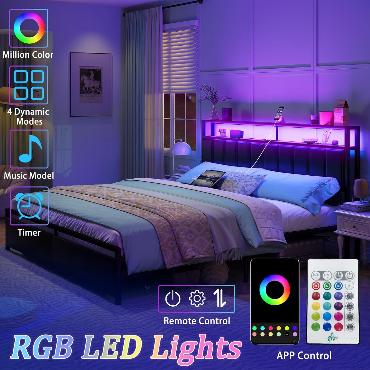 AMERLIFE Base de cama LED con cajones, marco de cama de plataforma completa con almacenamiento de 2 niveles y cabecera tapizada de cuero y estación