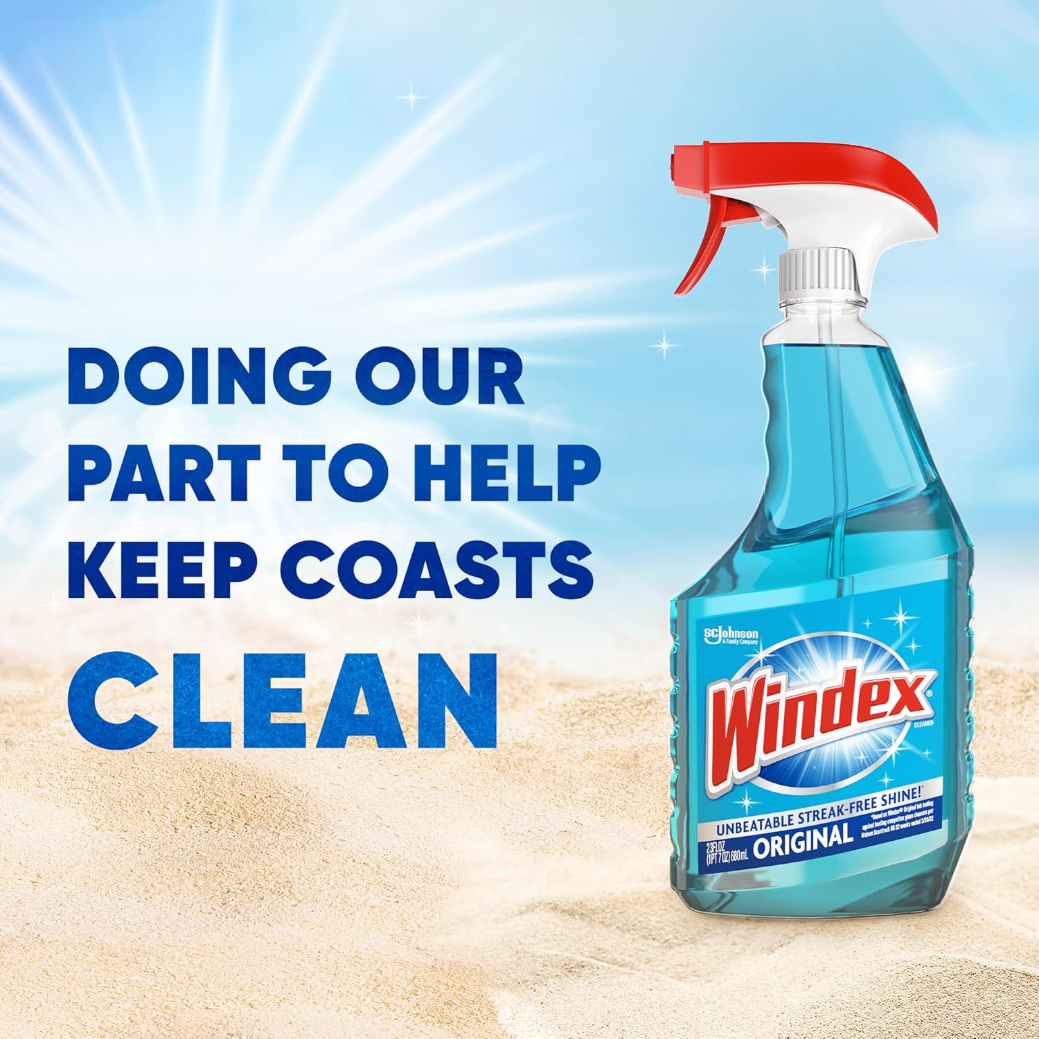 Windex Botella de spray limpiador de vidrio y ventanas, nuevo embalaje diseñado para evitar fugas y roturas, color azul original, 23 onzas líquidas