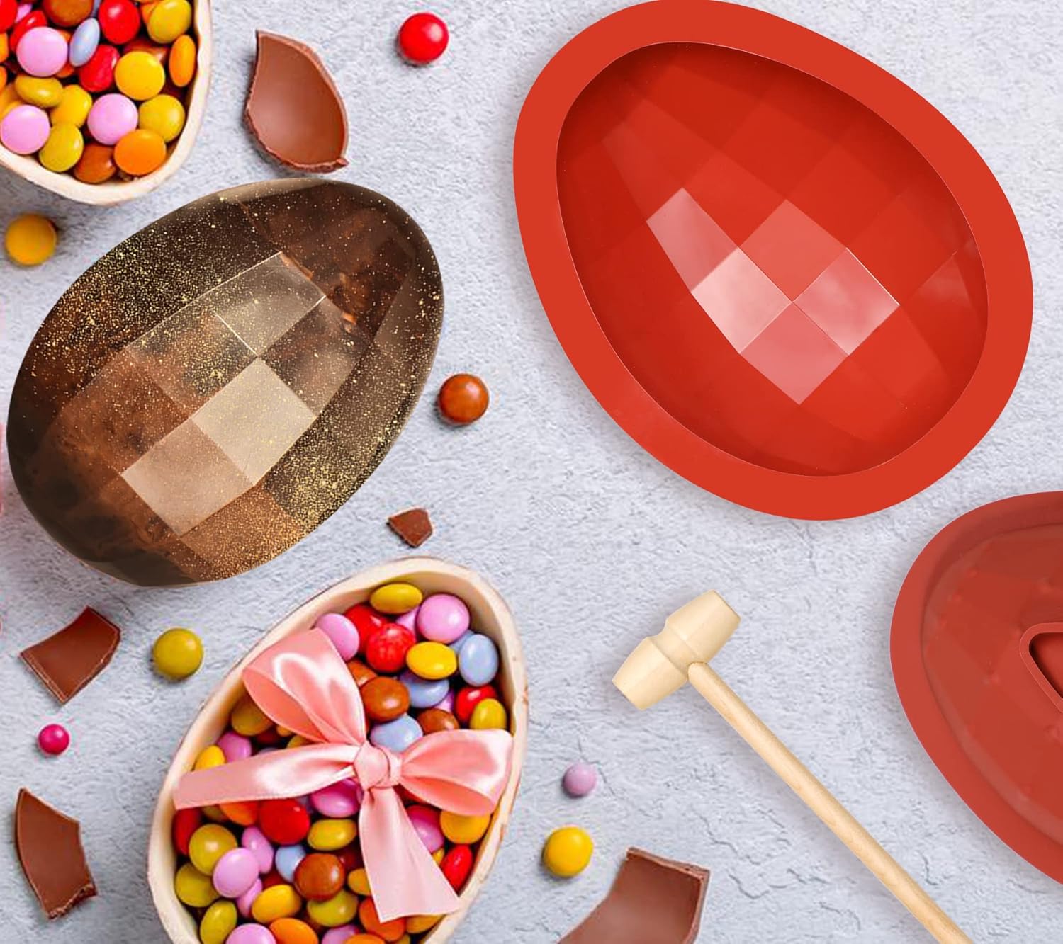 Webake Moldes de silicona para chocolate con diamante, grandes moldes de chocolate con huevo rompible en 3D con 1 martillo para Pascua
