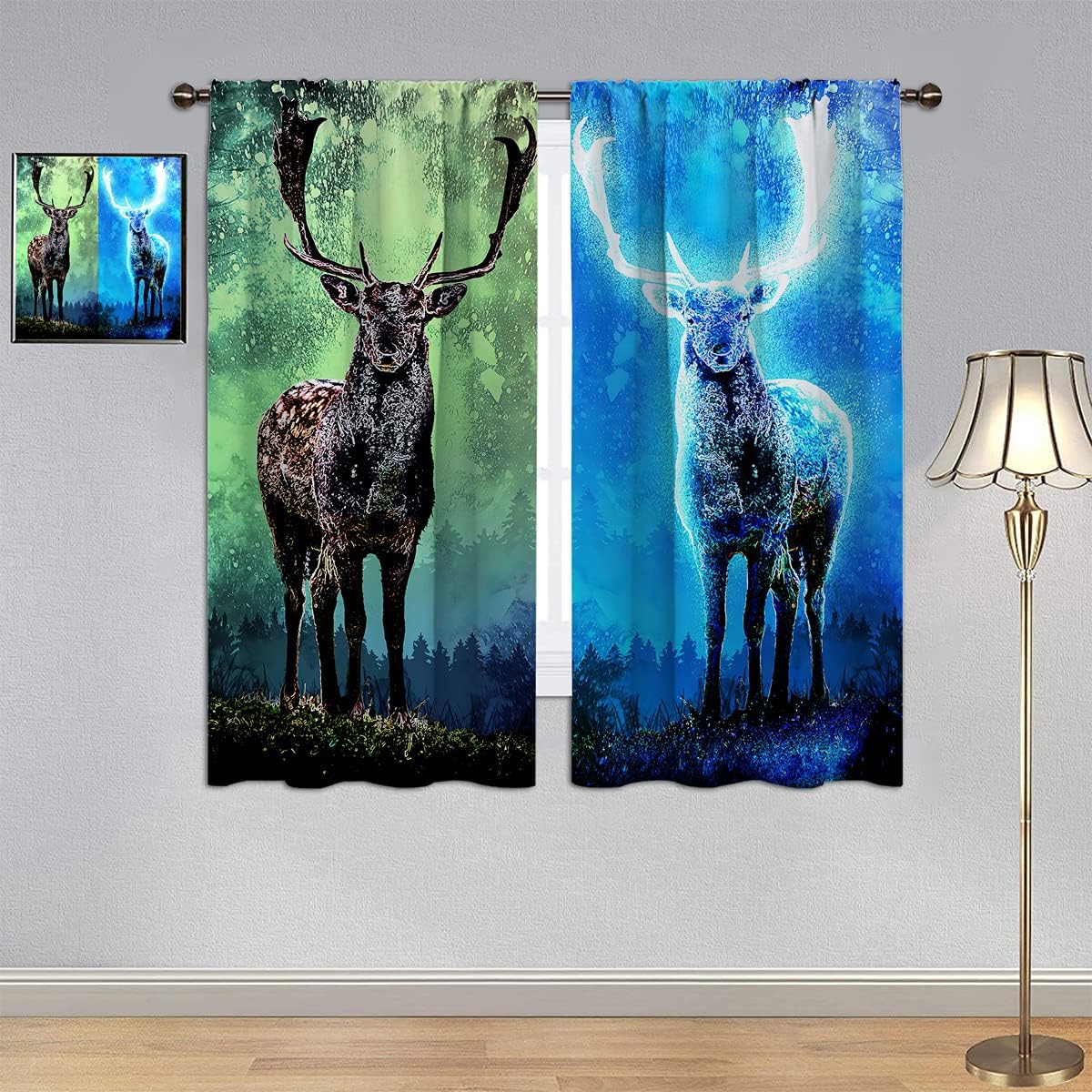 GY Cortinas opacas de ciervo, cortinas personalizadas con ciervos psicodélicos de bosque con cuernos brillantes, cortina de ventana de tela de