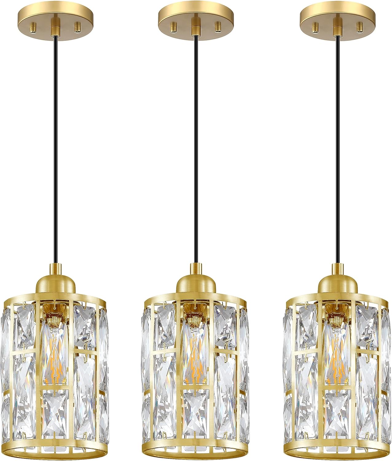 Paquete de 3 colgantes de isla de cocina con pantalla de cristal de 5.4 pulgadas, acabado dorado claro, moderno con pantalla de metal de cristal