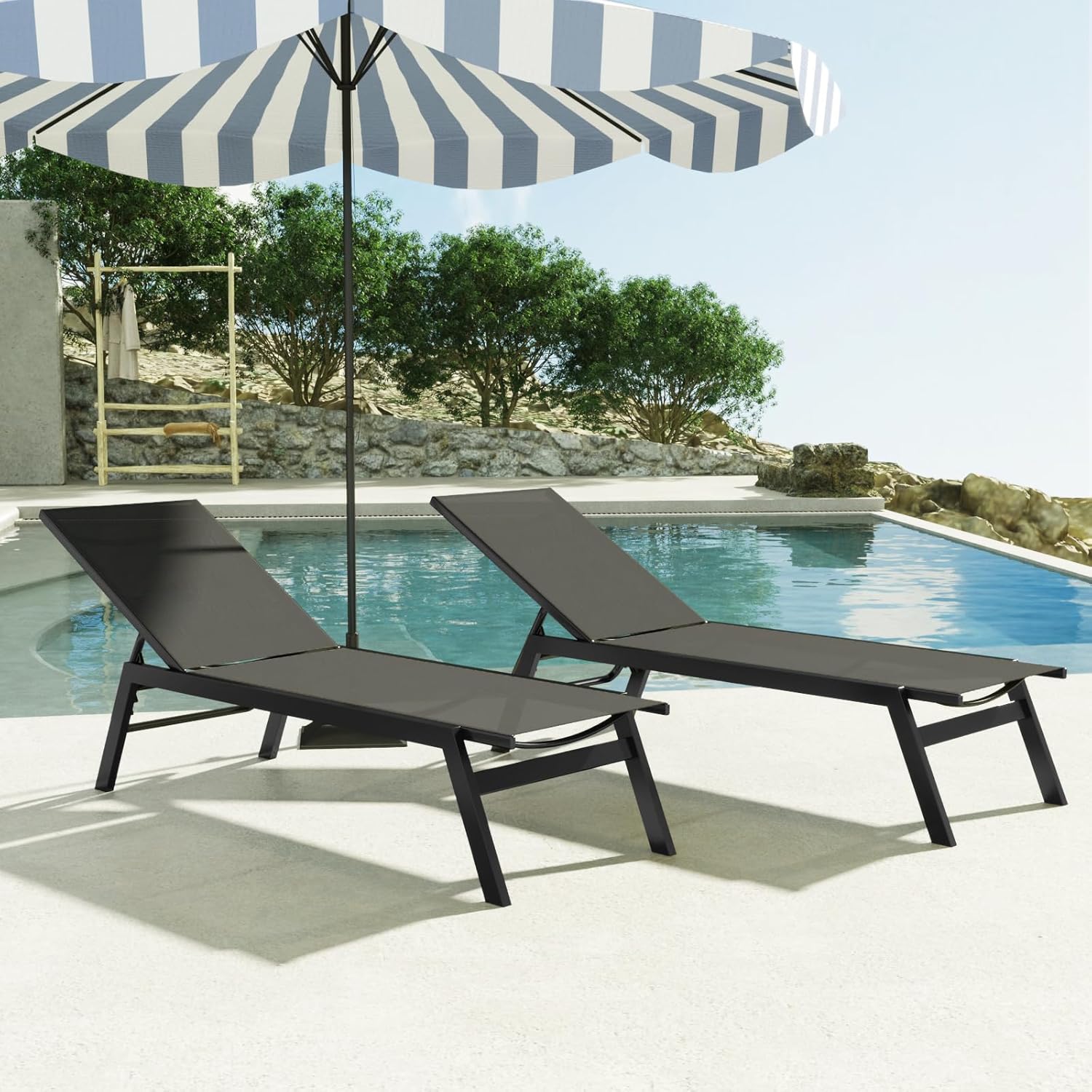 Juego de 2 tumbonas de aluminio para exteriores, sillas reclinables de textileno transpirables para patio, sillón reclinable con 5 respaldos