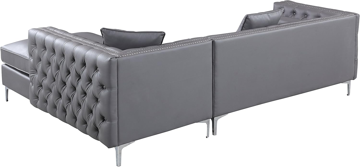 Da Vinci – Sofá seccional de piel sintética gris con ribete plateado y patas en Y de metal plateado