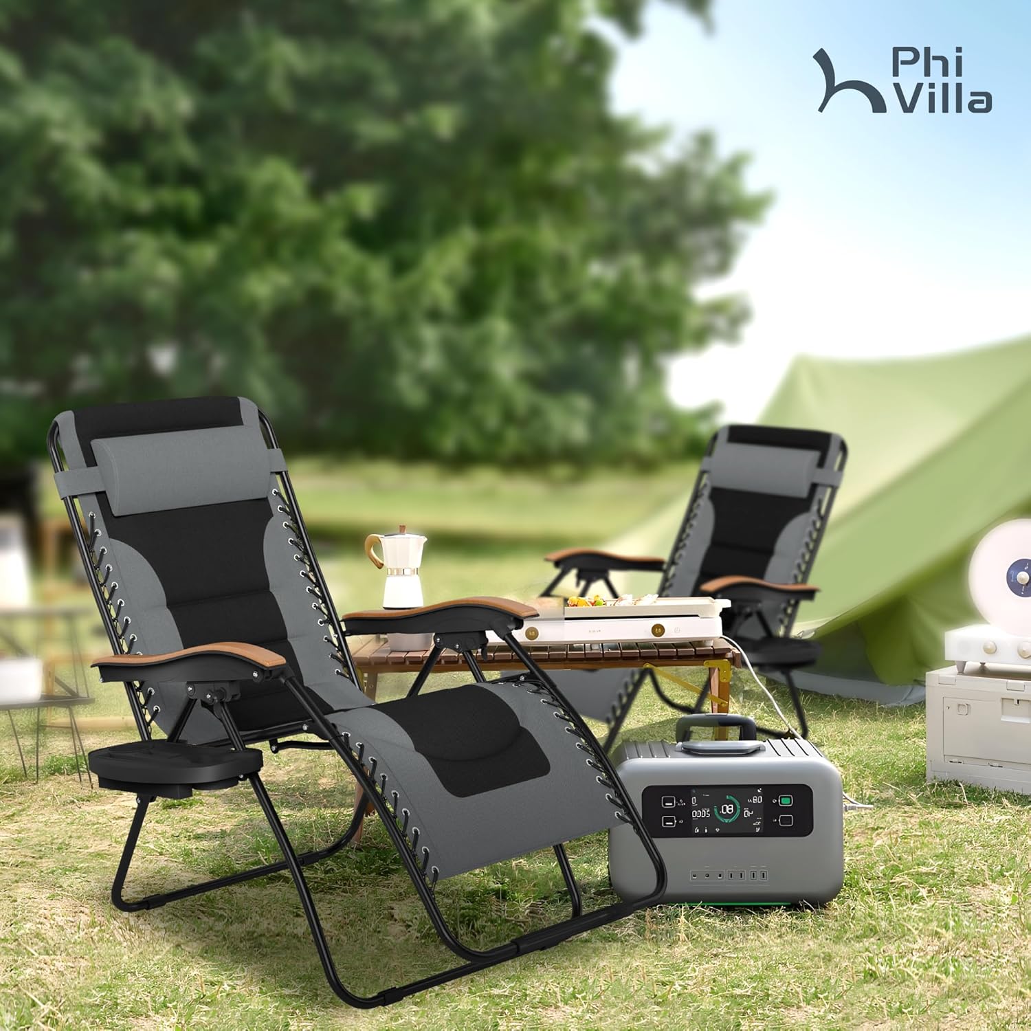 PHI VILLA Silla XXL acolchada de gravedad cero, silla reclinable plegable para patio, asiento de 30 pulgadas de ancho, tumbona antigravedad con