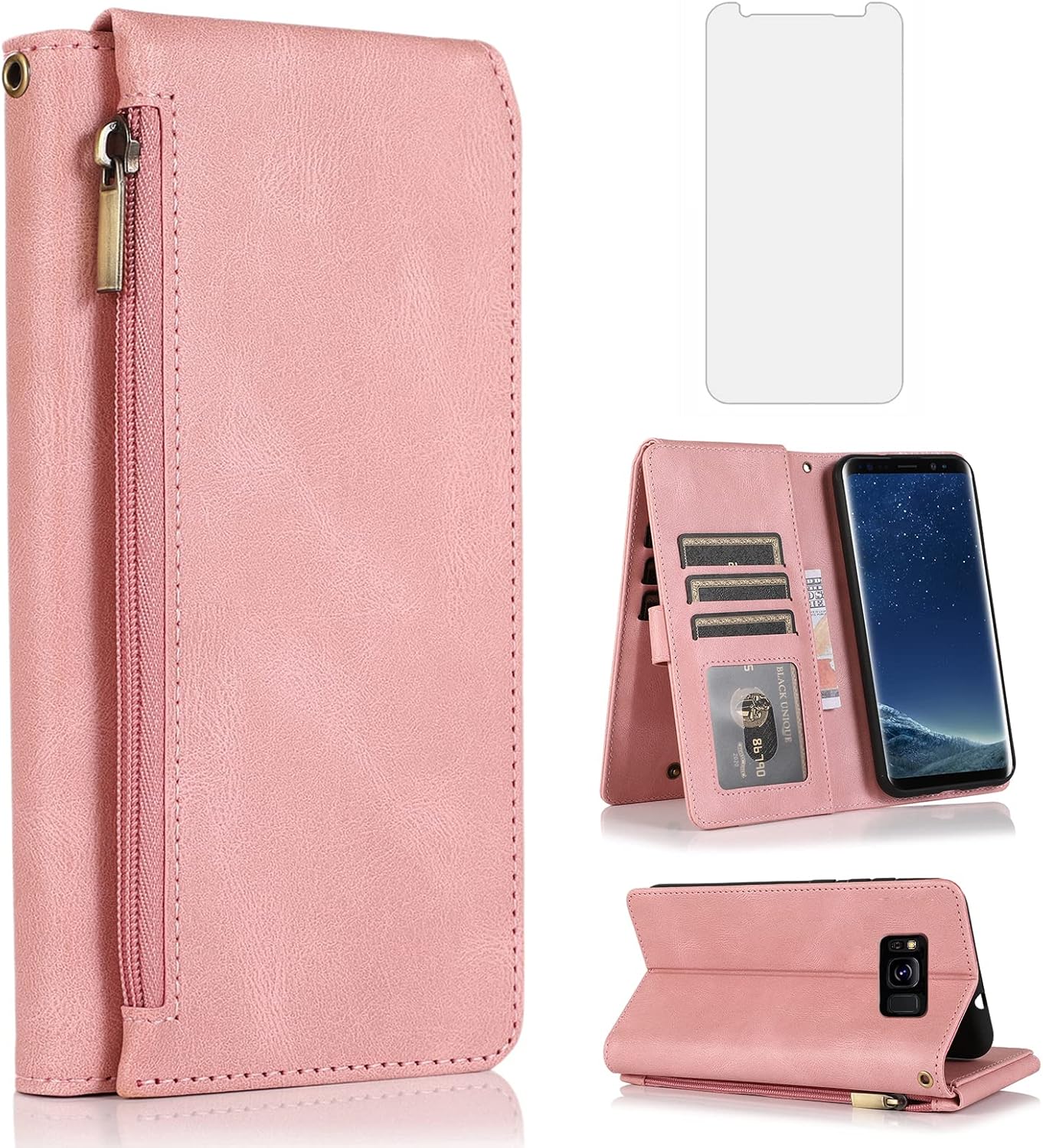 Asuwish Compatible con Samsung Galaxy S8 Active – Funda tipo cartera con protector de pantalla y cremallera de cuero retro, soporte para tarjetas,