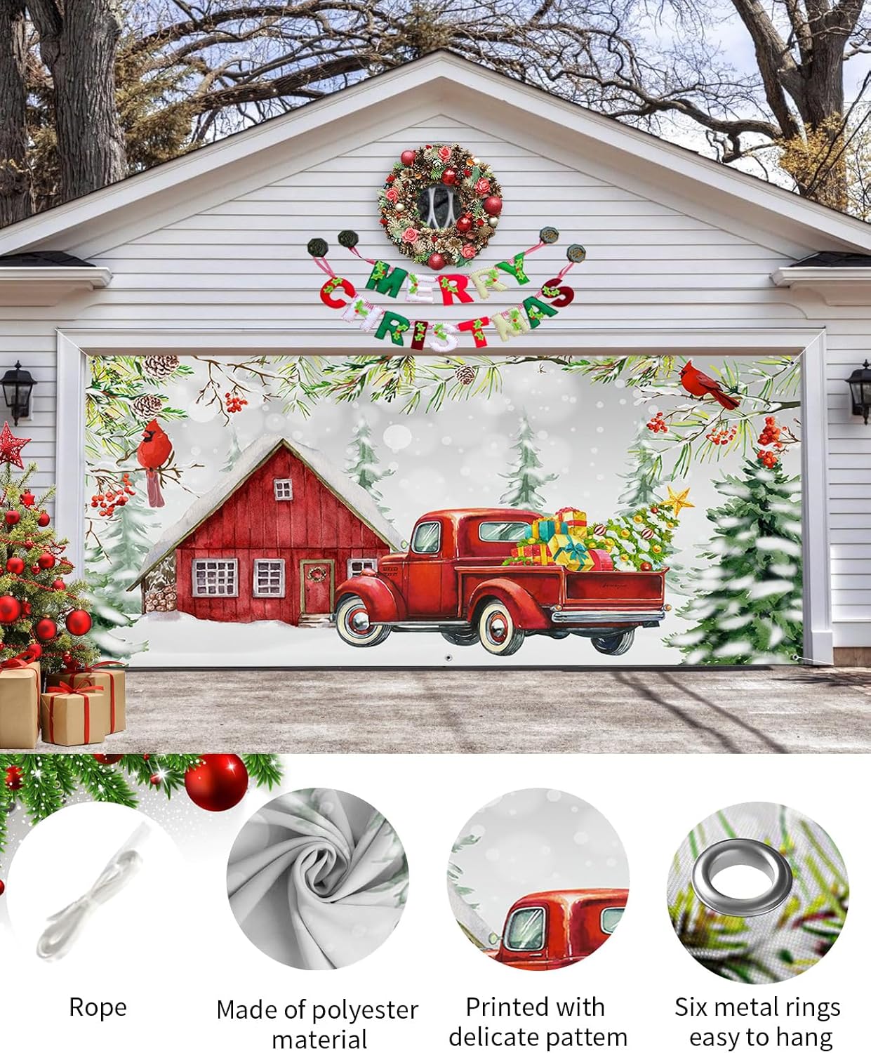 Cartel decorativo para puerta de garaje con 6 anillos de metal, diseño de árbol de Navidad rojo con texto en inglés “Merry Christmas”, cardenales de