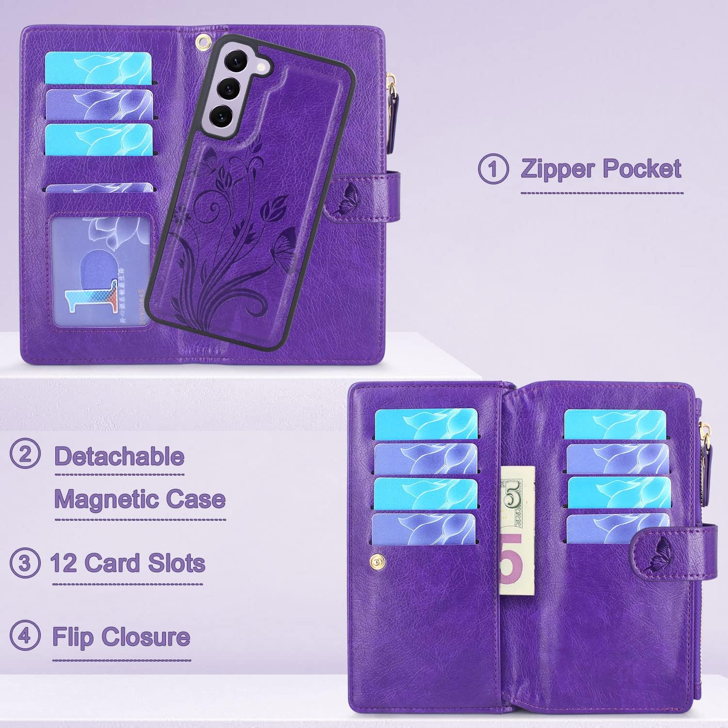 Lacass Funda compatible con Samsung Galaxy S23 5G 2023 12 ranuras para tarjetas Soporte para dinero en efectivo para tarjetas de identificación,