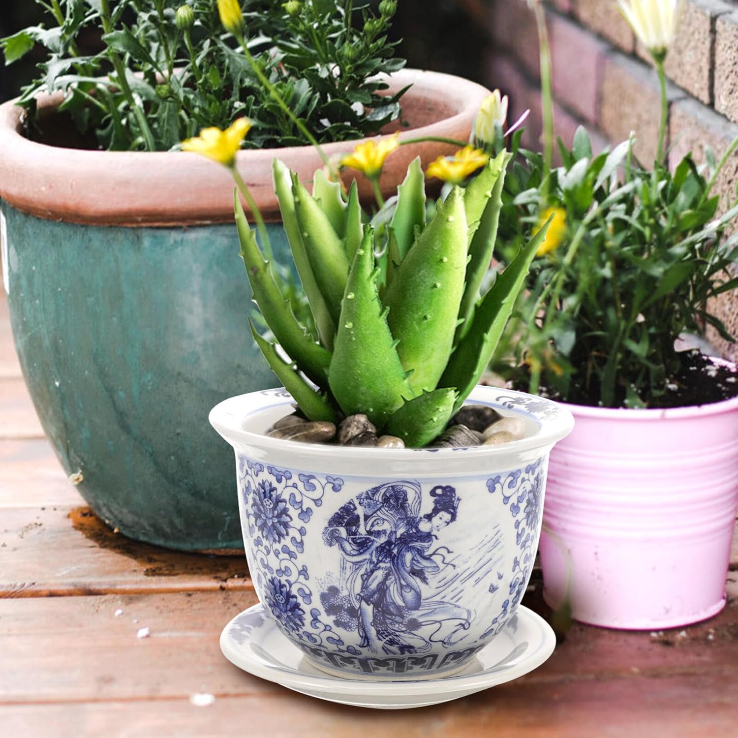 Yardwe Macetas de cerámica para suculentas al aire libre, macetas para suculentas, maceta con bandeja, macetas divertidas para plantas de jardín,