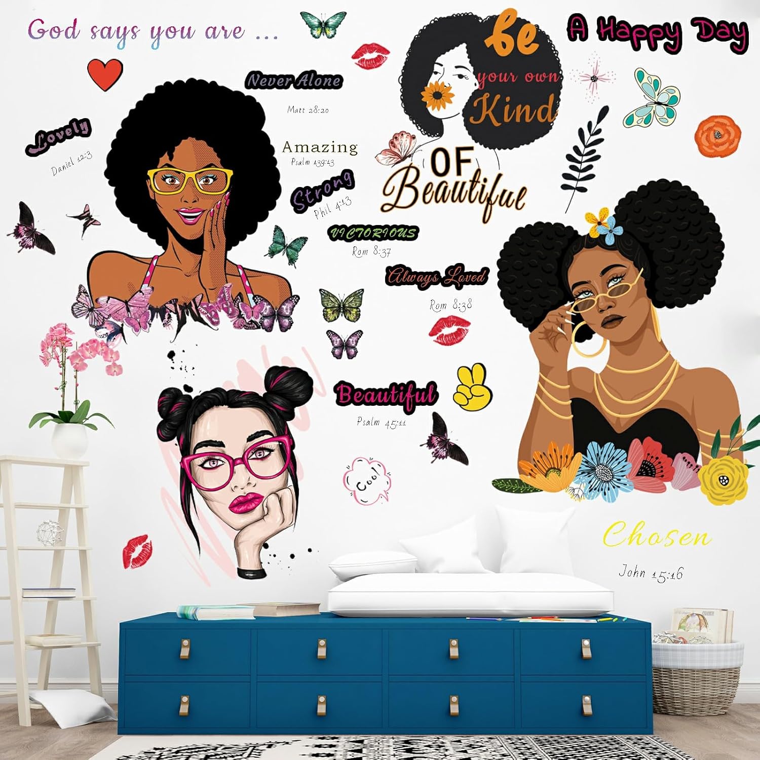 Calcomanía de pared de niña negra, decoración de otoño para el hogar, calcomanía de mariposa para decoración de pared para dormitorio de niños, sala