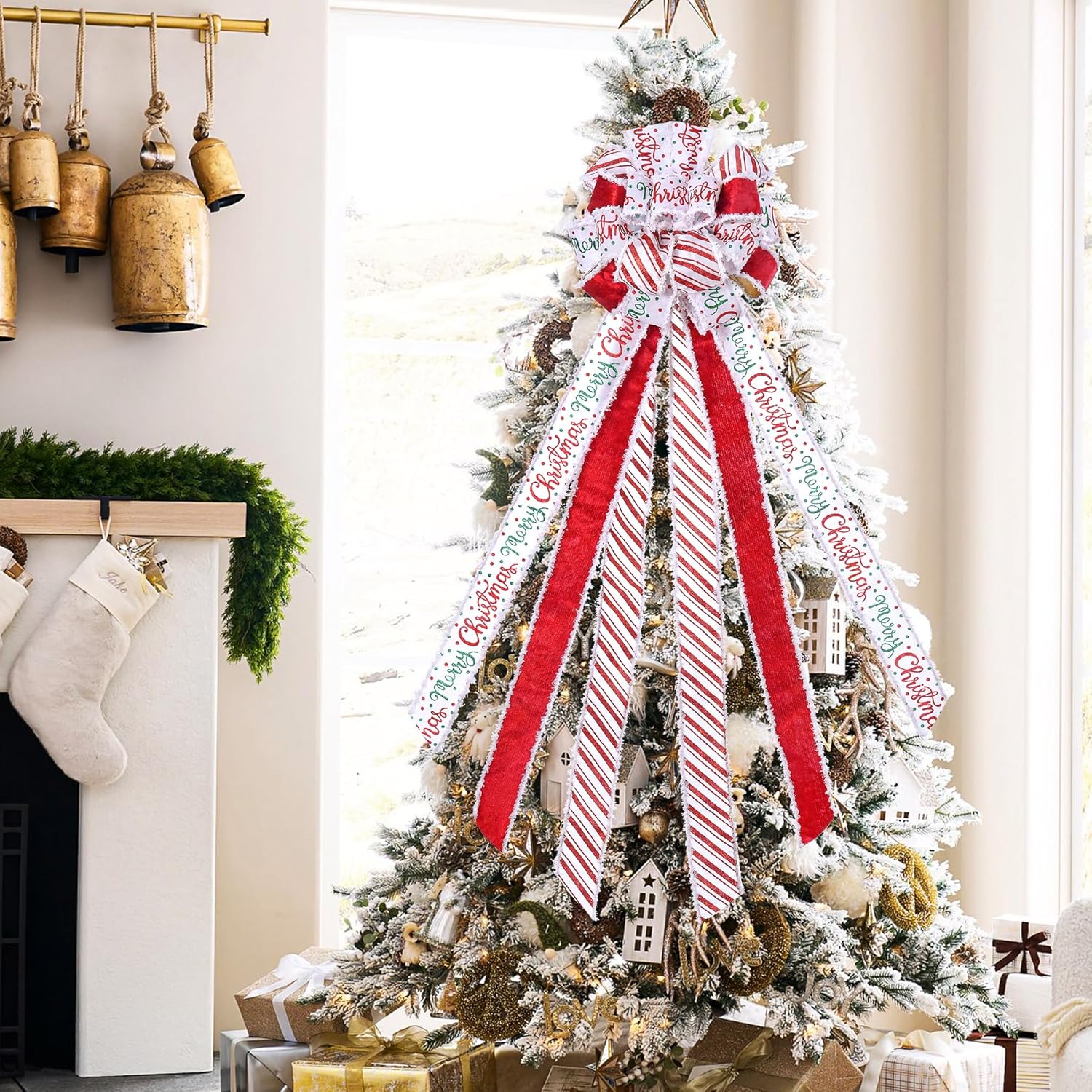Decoración para árbol de Navidad, lazo de corona de Navidad, 45 x 12 pulgadas, arpillera grande con borde de poliéster blanco y rojo, lazo de regalo