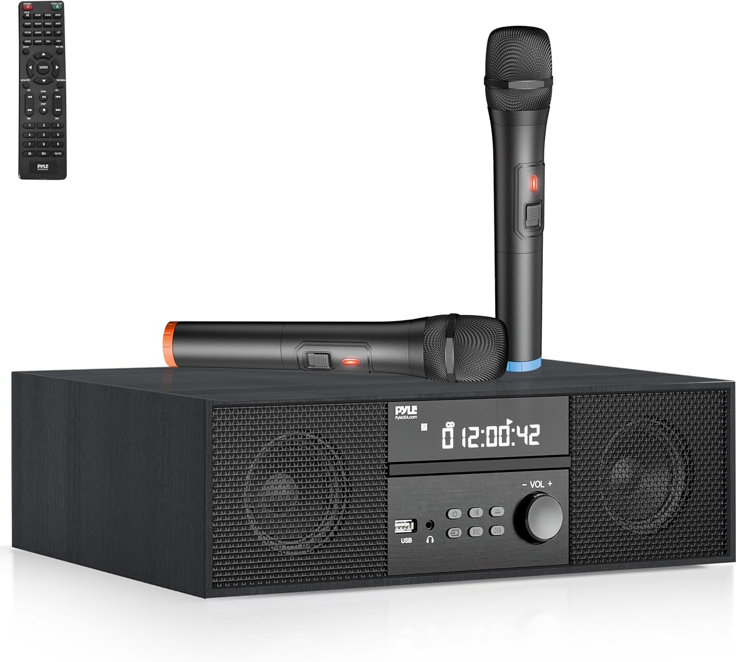 Pyle Sistema de estante estéreo de CDDVD para el hogar, reproductor de 200 W con micrófono inalámbrico, conectividad BT, radio FMUSBauricularesAUX,