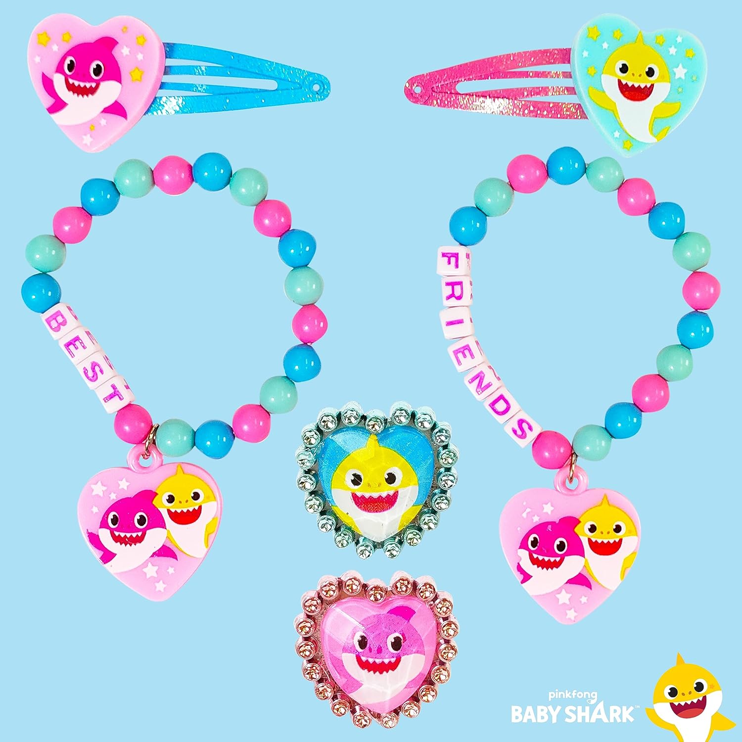 LUV HER Baby Shark Girls BFF – Joyero de juguete de 6 piezas con 2 anillos, 2 pulseras de cuentas y pinzas para el cabello a presión a partir de 3