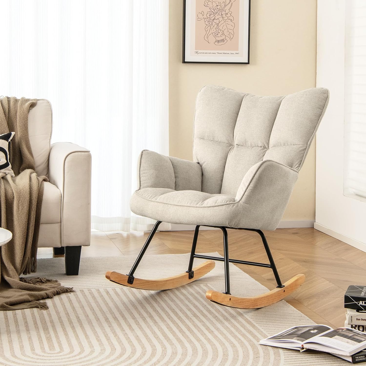 Giantex Mecedora para guardería, sillón moderno con respaldo alto, marco de metal sólido y madera, silla mecedora tapizada de lino para guardería,