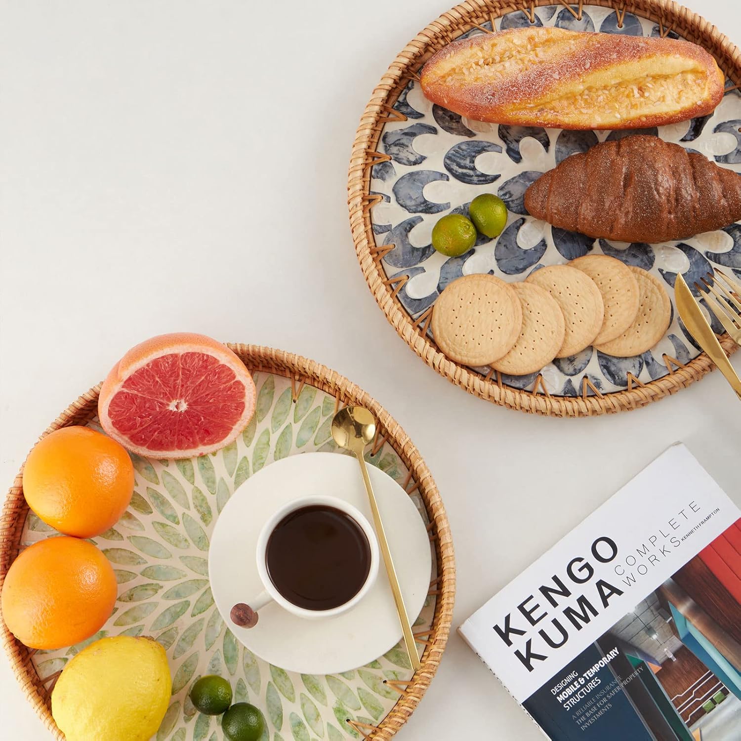 Round Rattan Tray with Mother of Pearl Inlay, Rattan Serving Tray with Wooden Base, Decorative Wicker Basket for Table Decor, Storage and Display of