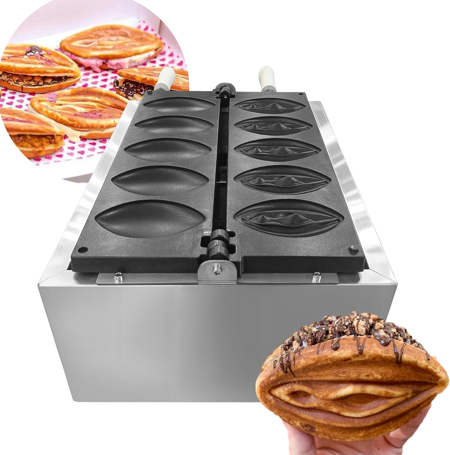 Yovtekc – Máquina comercial de gofres de abulón, 5 unidades con forma de vagina con platos extraíbles, máquina de hornear de hierro antiadherente