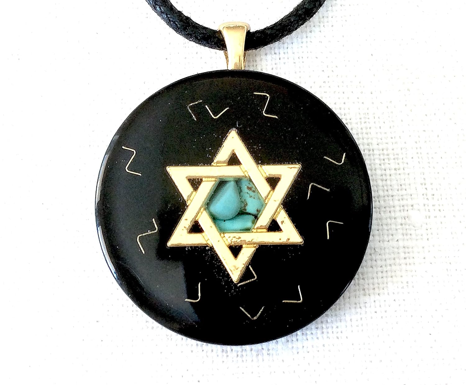 Orgone pendant necklace with golden Star of David, Turquoise & Black Tourmaline stones. Made in USA