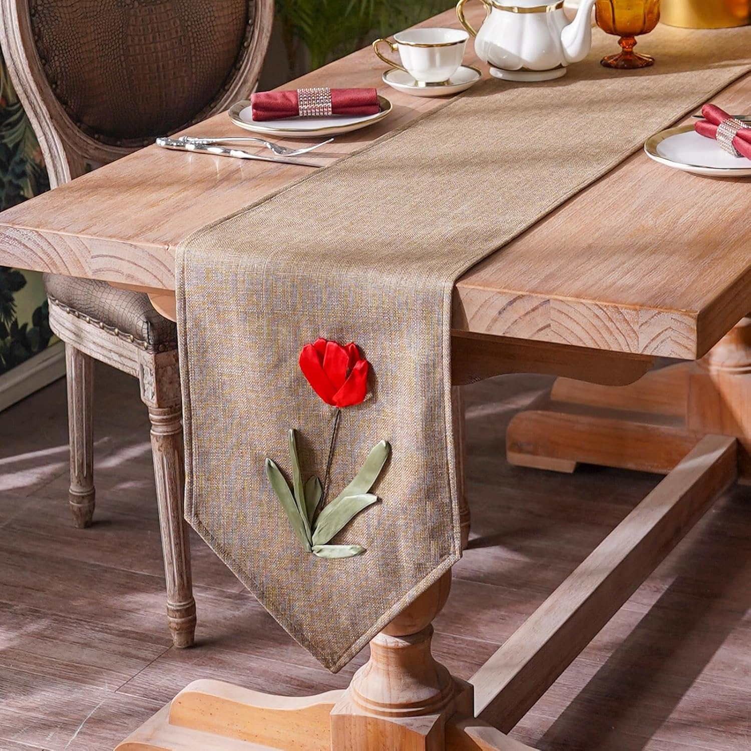 ARTABLE Caminos de mesa hechos a mano, bordado, rosas, tulipanes, flores, lino natural, para mesa de café, bufanda, patrones clásicos vintage (café,