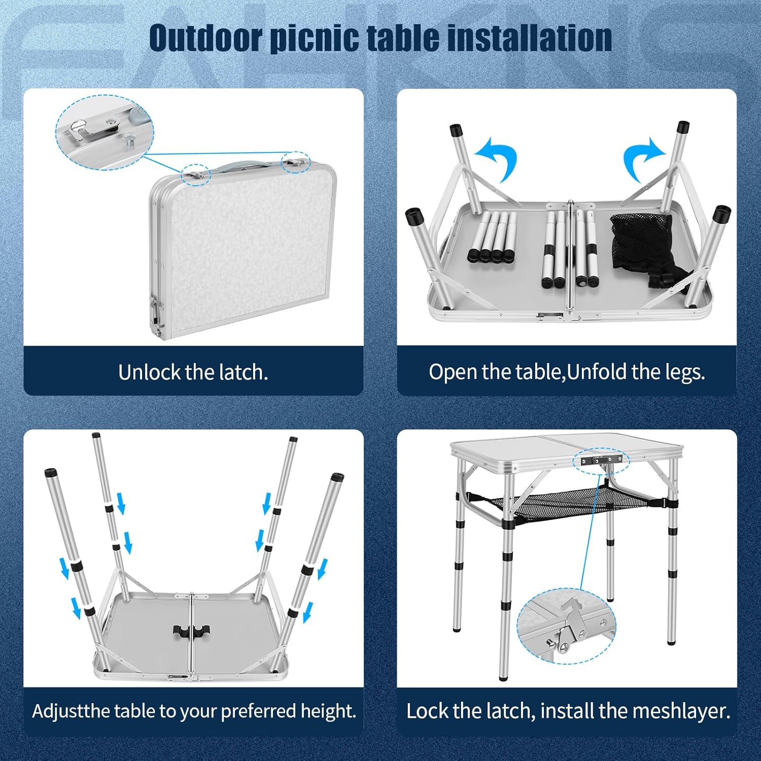 Mesa plegable pequeña con capa de malla, mesa portátil para tarjetas con asa de transporte, altura ajustable de aluminio ligero para campamento al