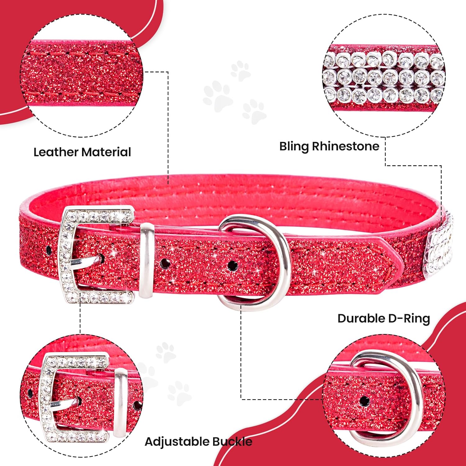 Apasiri Collar de perro con diamantes de imitación para perros pequeños, collar de cuero rojo, lindo collar de perro, collares brillantes para