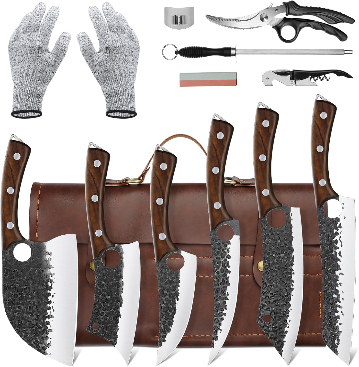 Purple Dragon Juego de 12 cuchillos de chef, acero de alto carbono forjado a mano carne deshuesado tallado cuchillo con accesorios para cocina,
