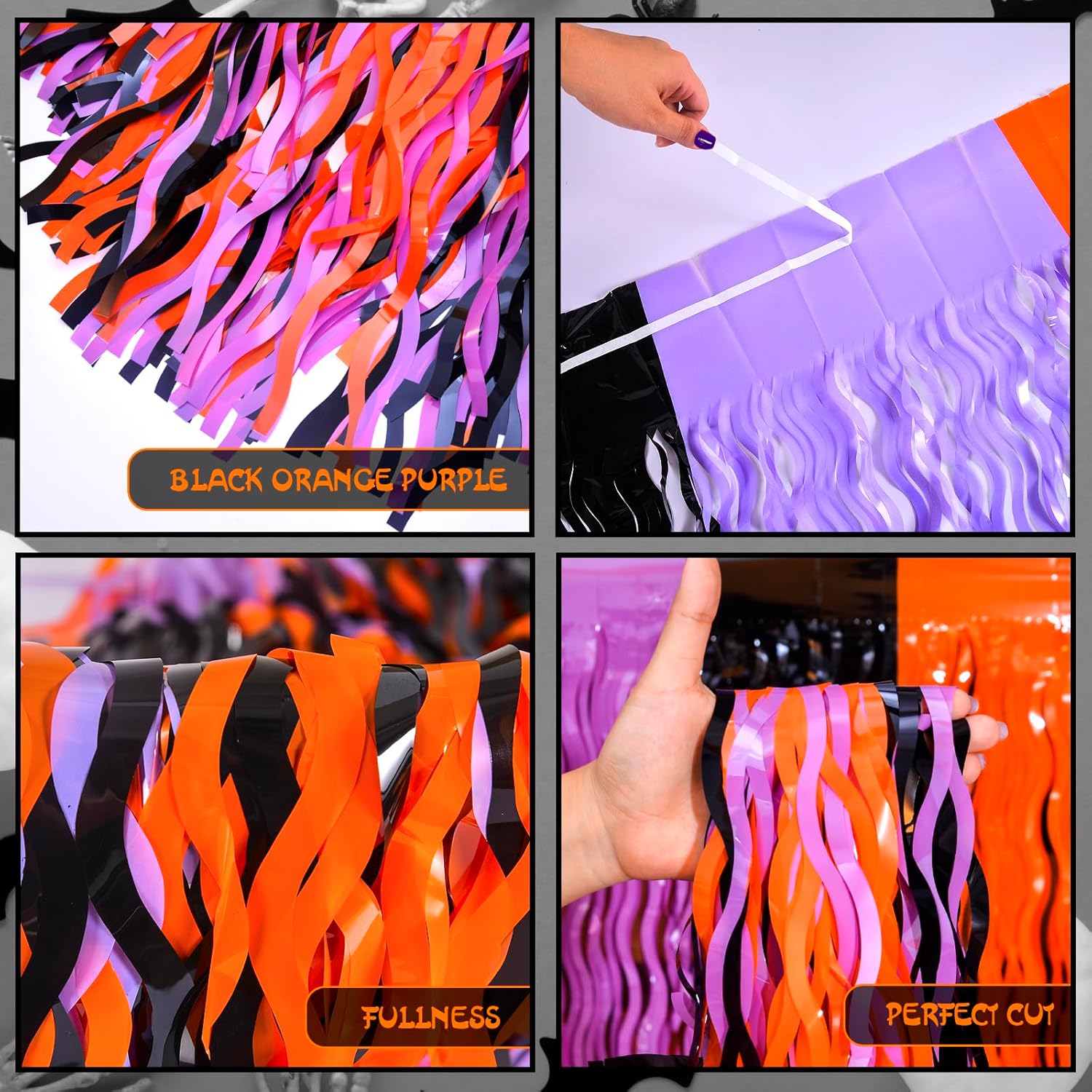 LOLStar Decoraciones de fiesta de Halloween, paquete de 4 faldas de mesa onduladas de oropel metálico con flecos de papel de aluminio para mesa