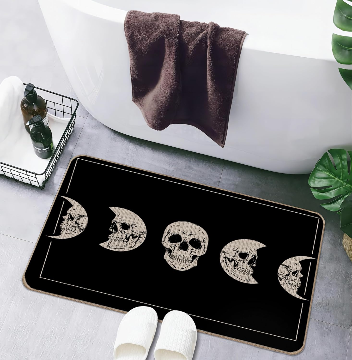 Tapete de Halloween para puerta, diseño de calavera y fase lunar, tapete de puerta de esqueleto para interiores, tapete de entrada al aire libre,