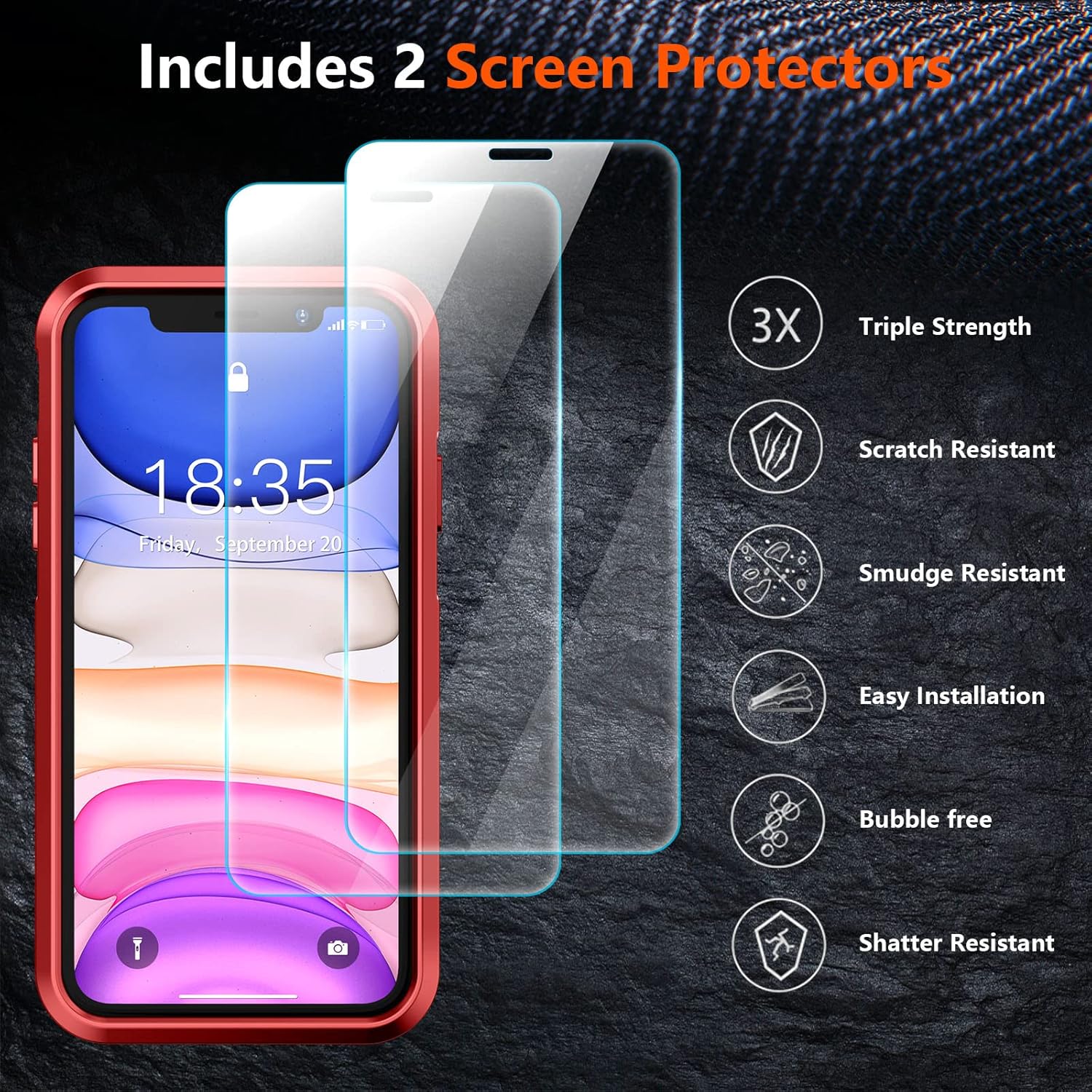 SUPFINE Funda 5 en 1 para iPhone 11, 10 pies militares a prueba de caídas 2 pantallas de vidrio templado, 2 protectores de lente de cámara templada
