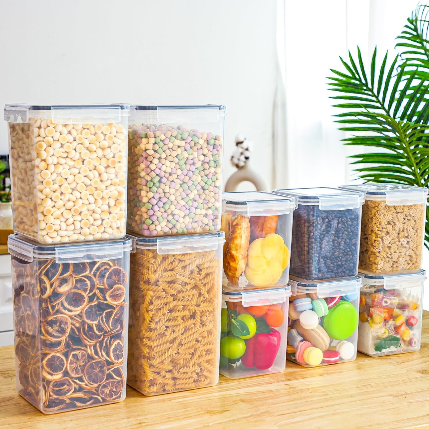 Moretoes Contenedores de almacenamiento para cereales, 10 recipientes herméticos de plástico grandes con tapas para harina de espaguetis y azúcar,