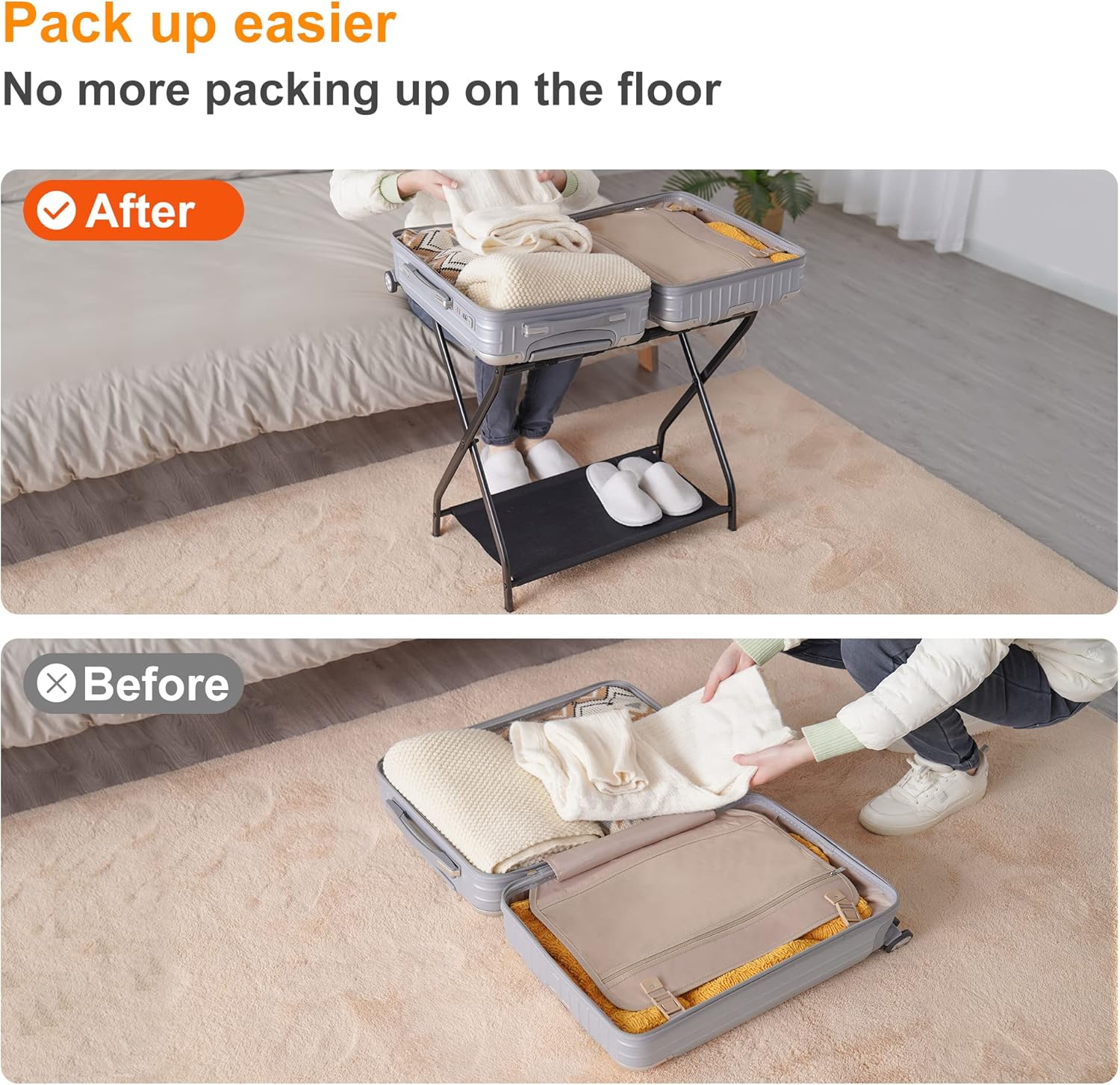 Heybly Portaequipajes, paquete de 2, soporte plegable de acero para maleta con estante de almacenamiento para habitación de invitados, dormitorio,