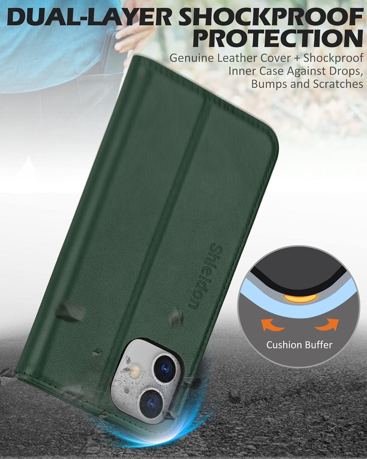 SHIELDON – Funda para iPhone 1212 Pro, cuero genuino, cubierta magnética, tarjetero con bloqueo RFID, kickstand, funda protectora a prueba de