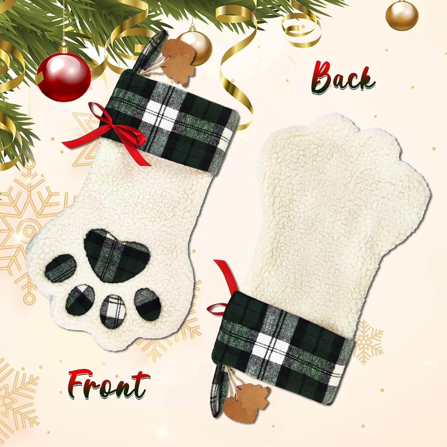 Calcetines de Navidad personalizados para perros, patas de perro con nombre, sherpa sintético blanco con puño a cuadros verdes y detalles de hueso
