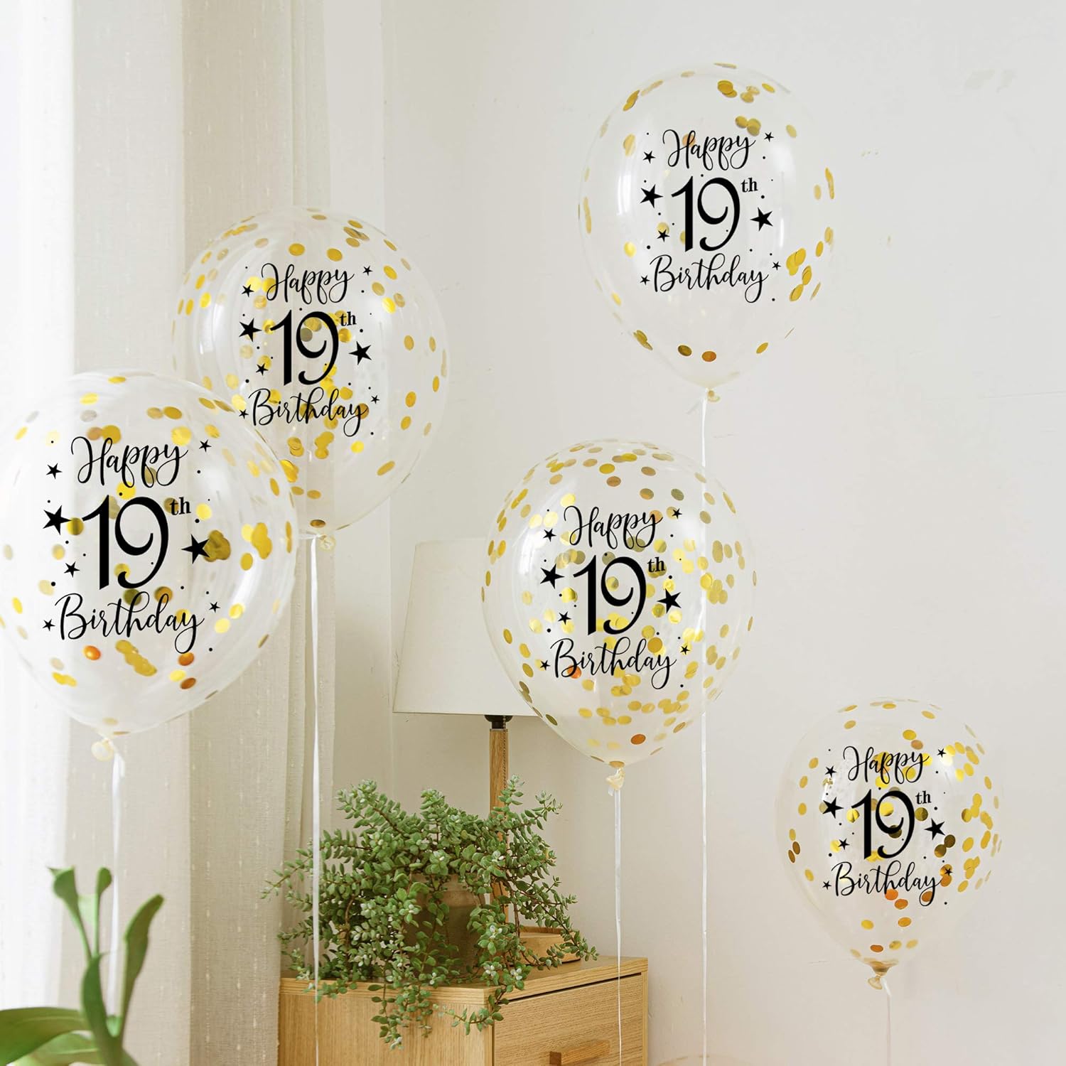 Globos dorados de látex con confeti del número 19, decoración de globos de fiesta de cumpleaños de 19 años con confeti, 12 pulgadas, paquete de 16