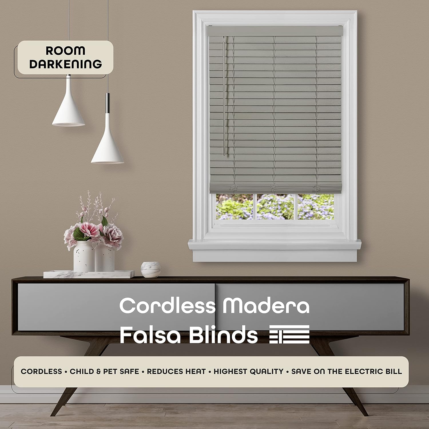 PowerSellerUSA Achim GII – Persiana de imitación madera sin cordones para oscurecer la habitación.