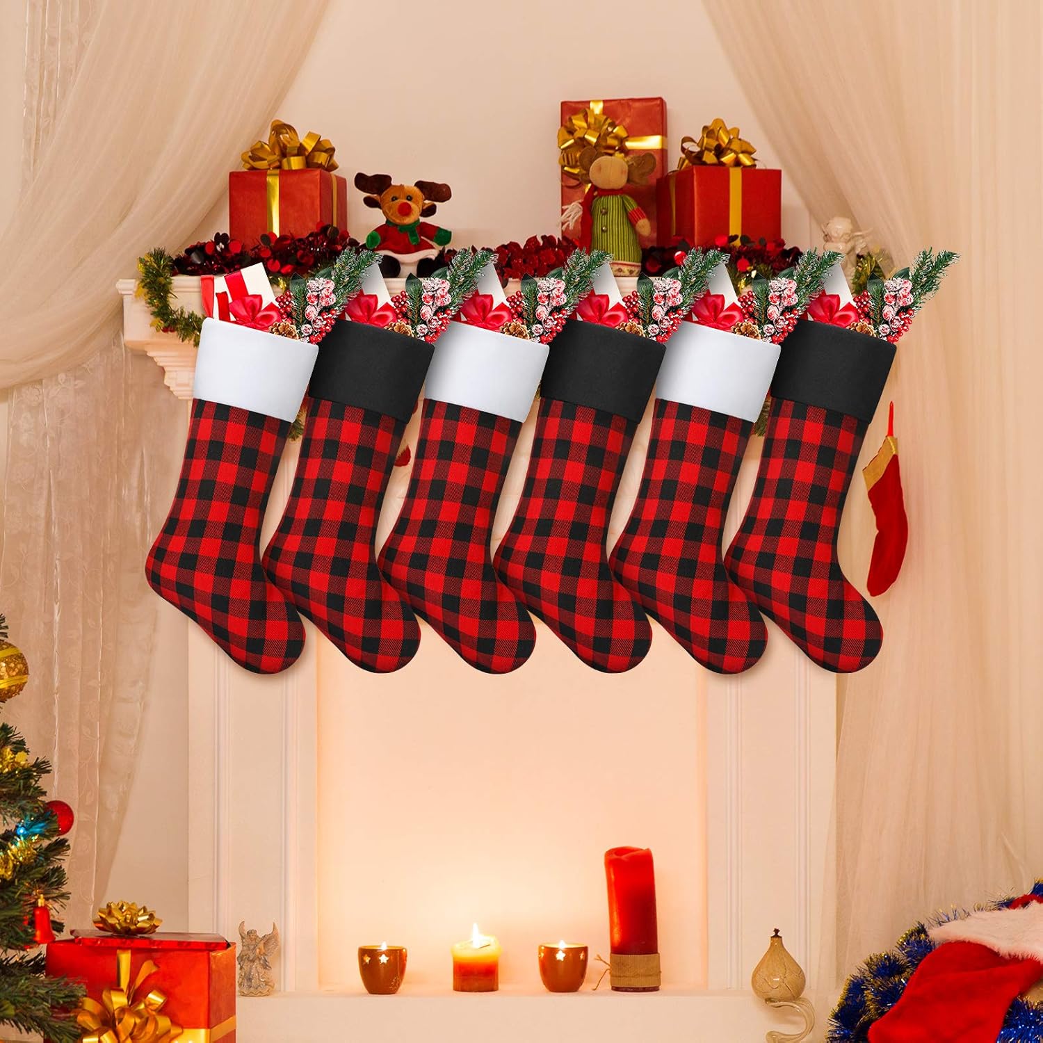 Skylety – Calcetines de Navidad de 20 con tela a cuadros, piel sintética, para colgar en chimeneas, fiestas de Navidad en familia