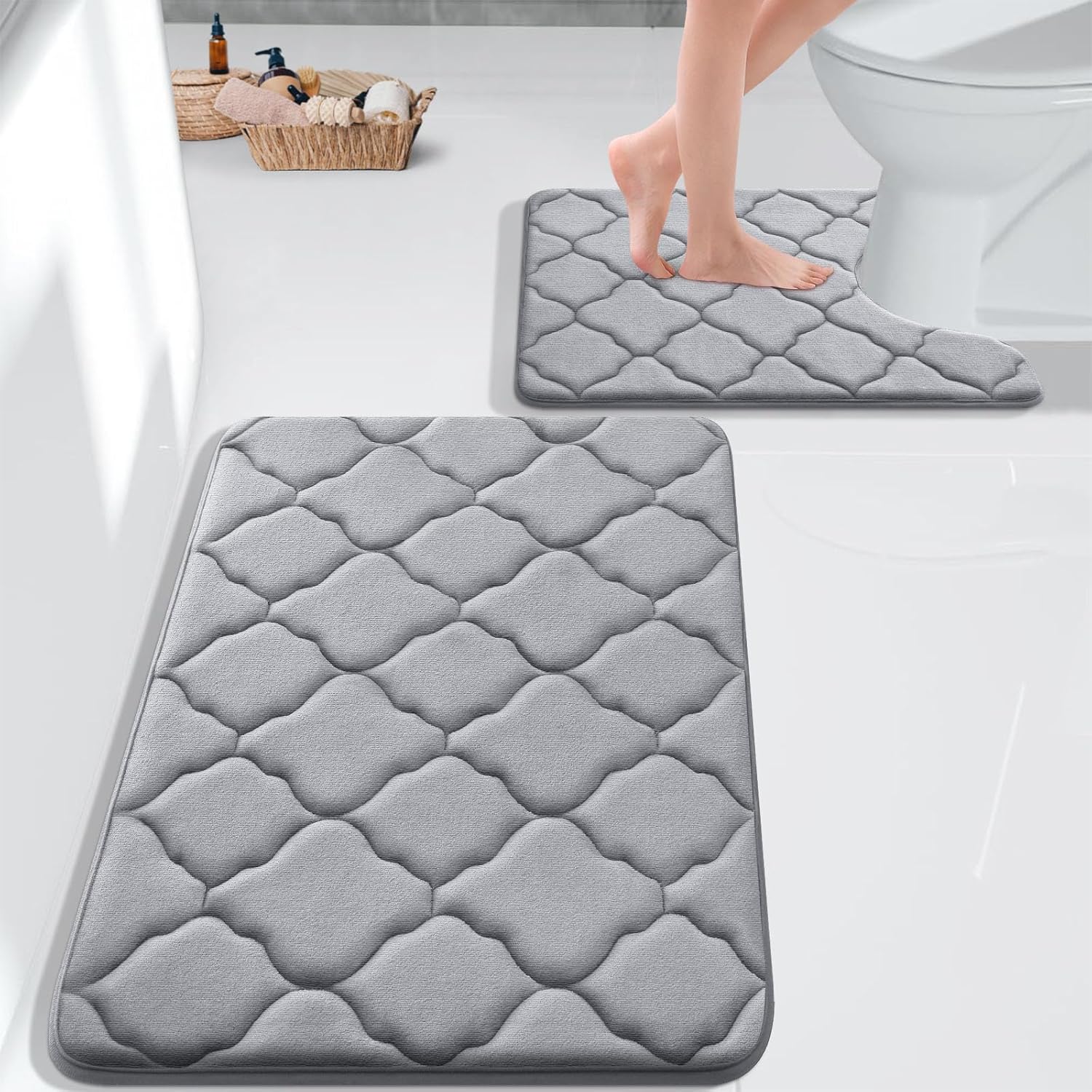 OLANLY Juego de 2 alfombras de baño de espuma viscoelástica, suaves y absorbentes, alfombra de baño de contorno en forma de U, lavable a máquina,