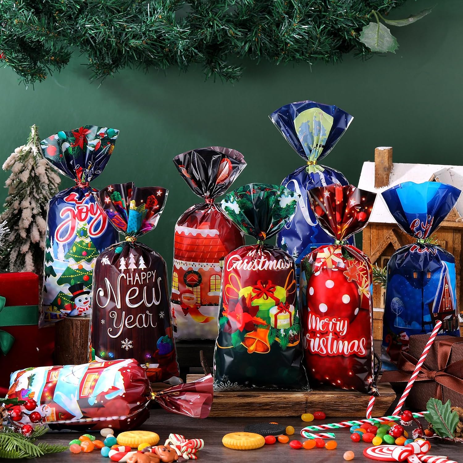 200 bolsas de dulces de celofán de Navidad a granel, bolsas de palomitas de maíz, bolsas de plástico de Papá Noel, sombrero de Navidad, muñeco de