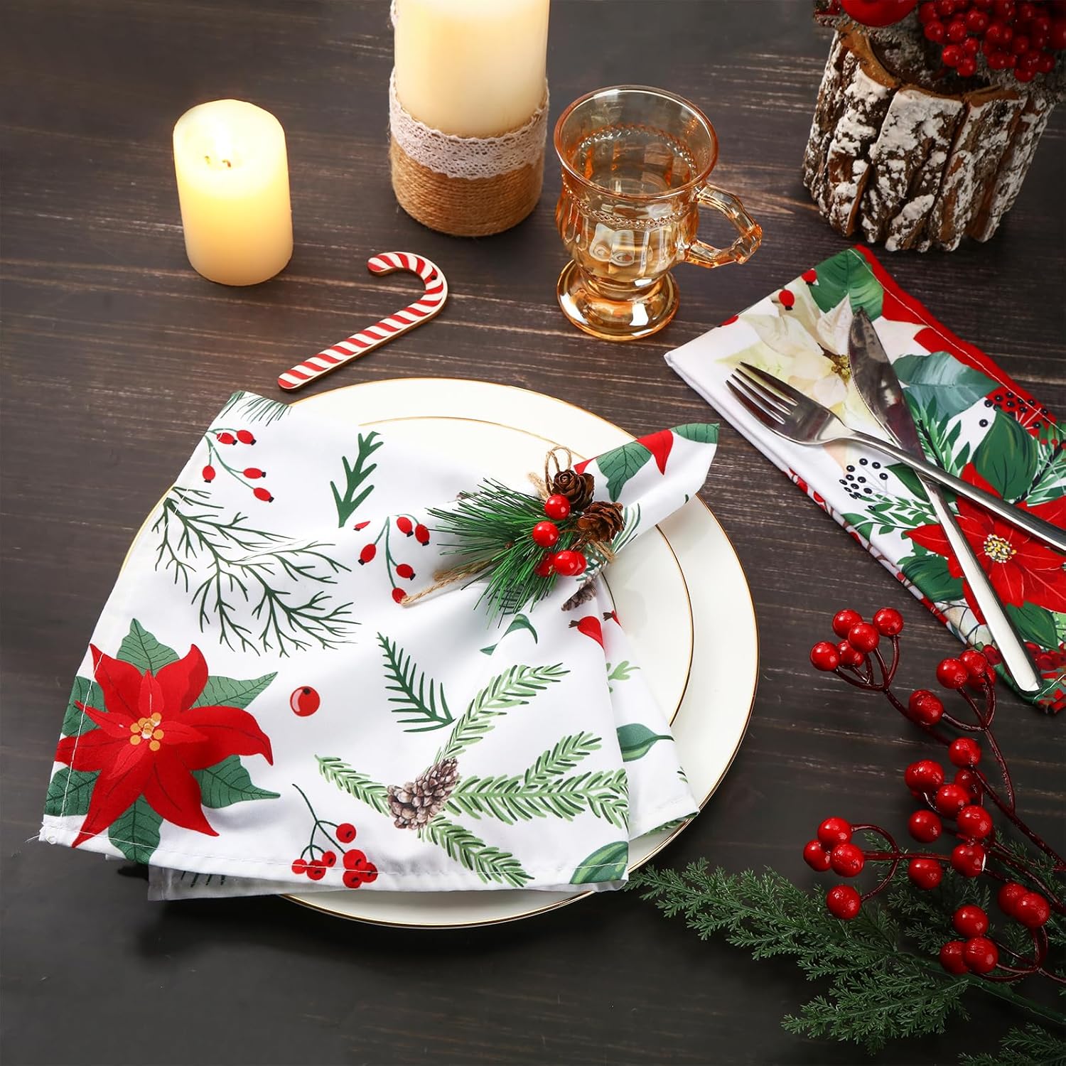 Nitial 24 servilletas de tela de Navidad, servilletas de tela floral de Pascua de Navidad, lavables de color navideño, para cocina, decoración de