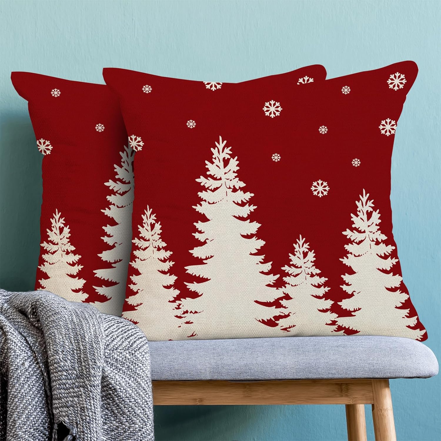 Juego de 2 fundas de almohada de Navidad de 18 x 18 pulgadas, diseño de copos de nieve de árbol de Navidad, color rojo y blanco, fundas decorativas