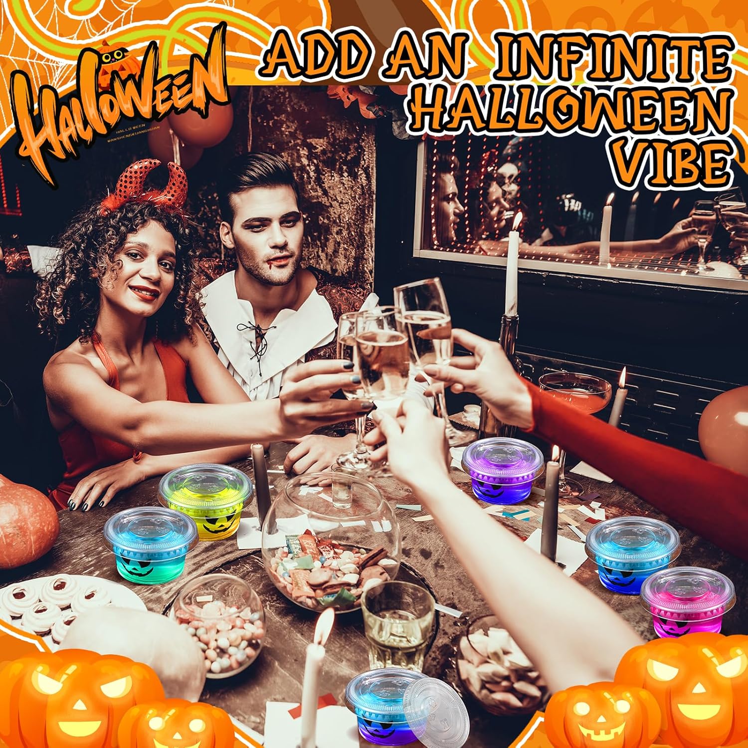 150 vasos de gelatina de 2 onzas con tapas, divertido diseño de Jack O Lantern para Halloween, Navidad, Acción de Gracias, despedida de soltera