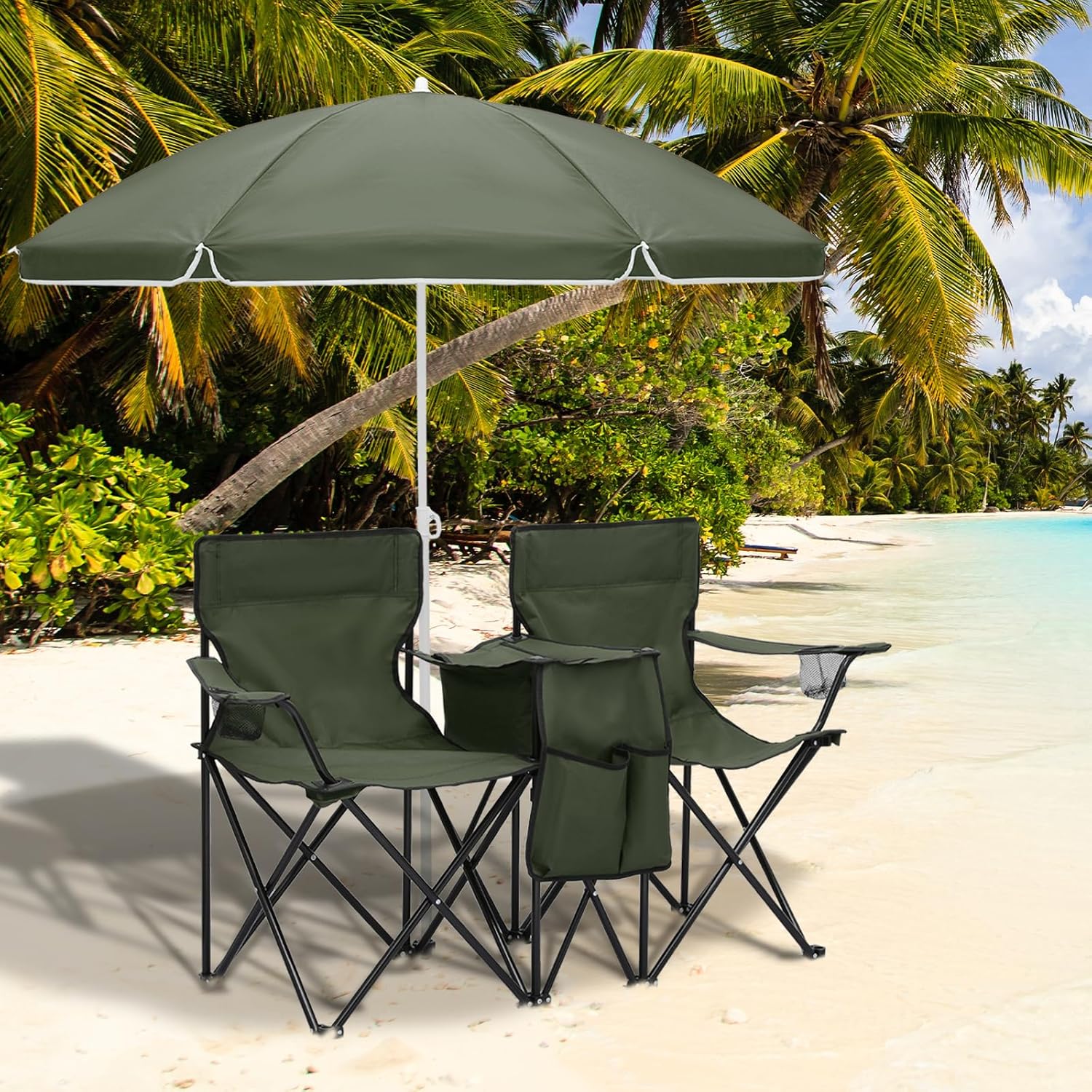 Magshion Silla de campamento doble con paraguas y enfriador para adultos, silla plegable de alta resistencia, color verde oscuro