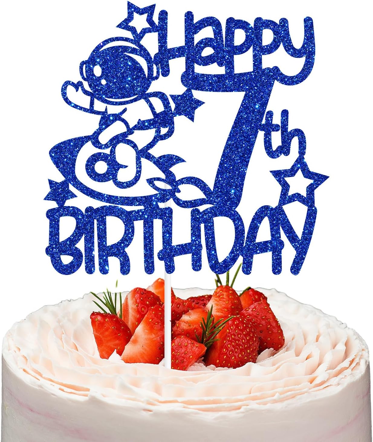 Space Happy 7th Birthday – Decoración para tartas de 7 años, decoración de fiesta de cumpleaños temática de astronautas para niños y niñas