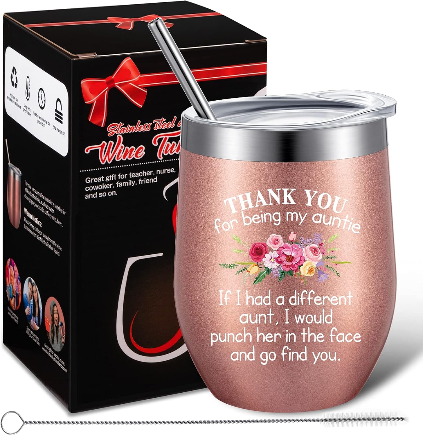 Taza de café aislada de acero inoxidable de 12 onzas con tapa, popote y cepillo para regalo de cumpleaños para la tía, regalo de cumpleaños de