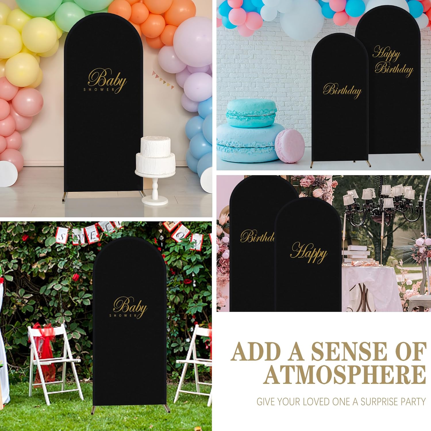 3 fundas de telón de fondo de arco – Cubierta de arco de boda ajustable de elastano negro – Cubierta de arco de 2 lados para decoración de bodas,