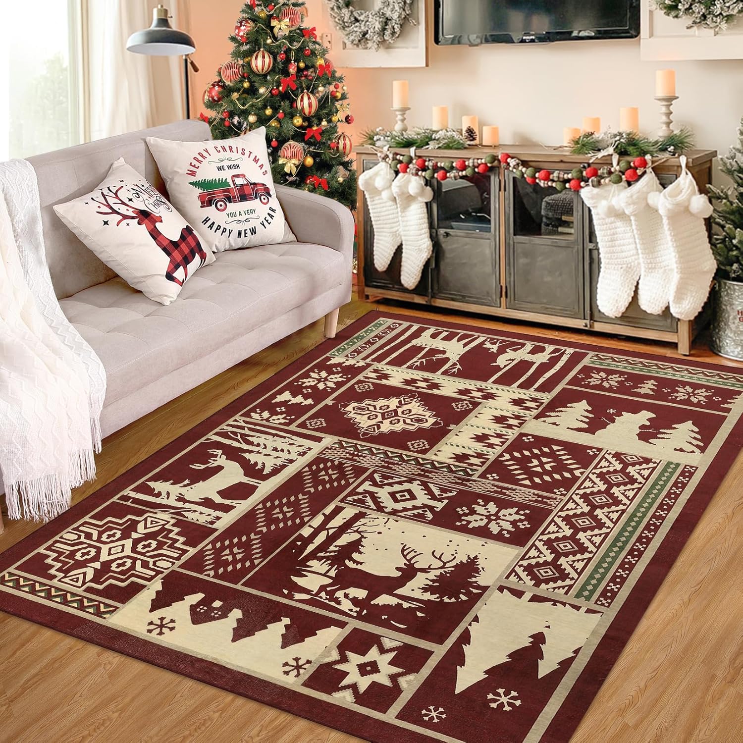RUGSREAL Alfombra de área de Navidad de granja, alfombra decorativa rústica de búfalo con alce para interiores, alfombra de área de Navidad,