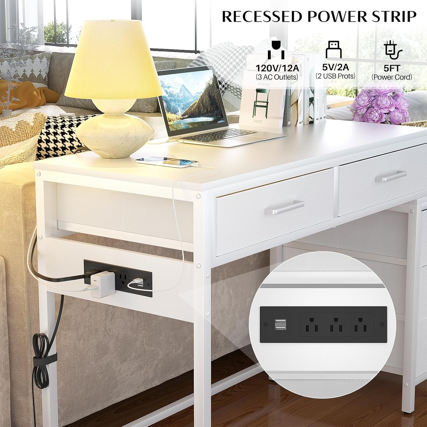 Escritorio para computadora con 5 cajones, escritorio de oficina reversible con tomas de corriente y puertos de carga USB, mesa de escritura