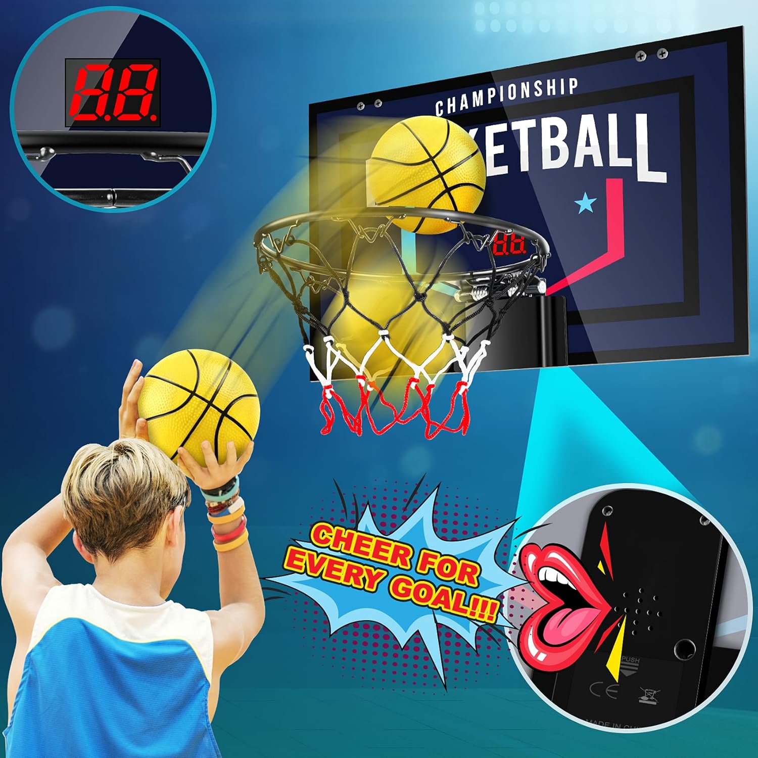 TREYWELL Aro de baloncesto interior para adolescentes y adultos, mini aro de baloncesto con marcador electrónico, 3 bolas y baterías, juguetes de